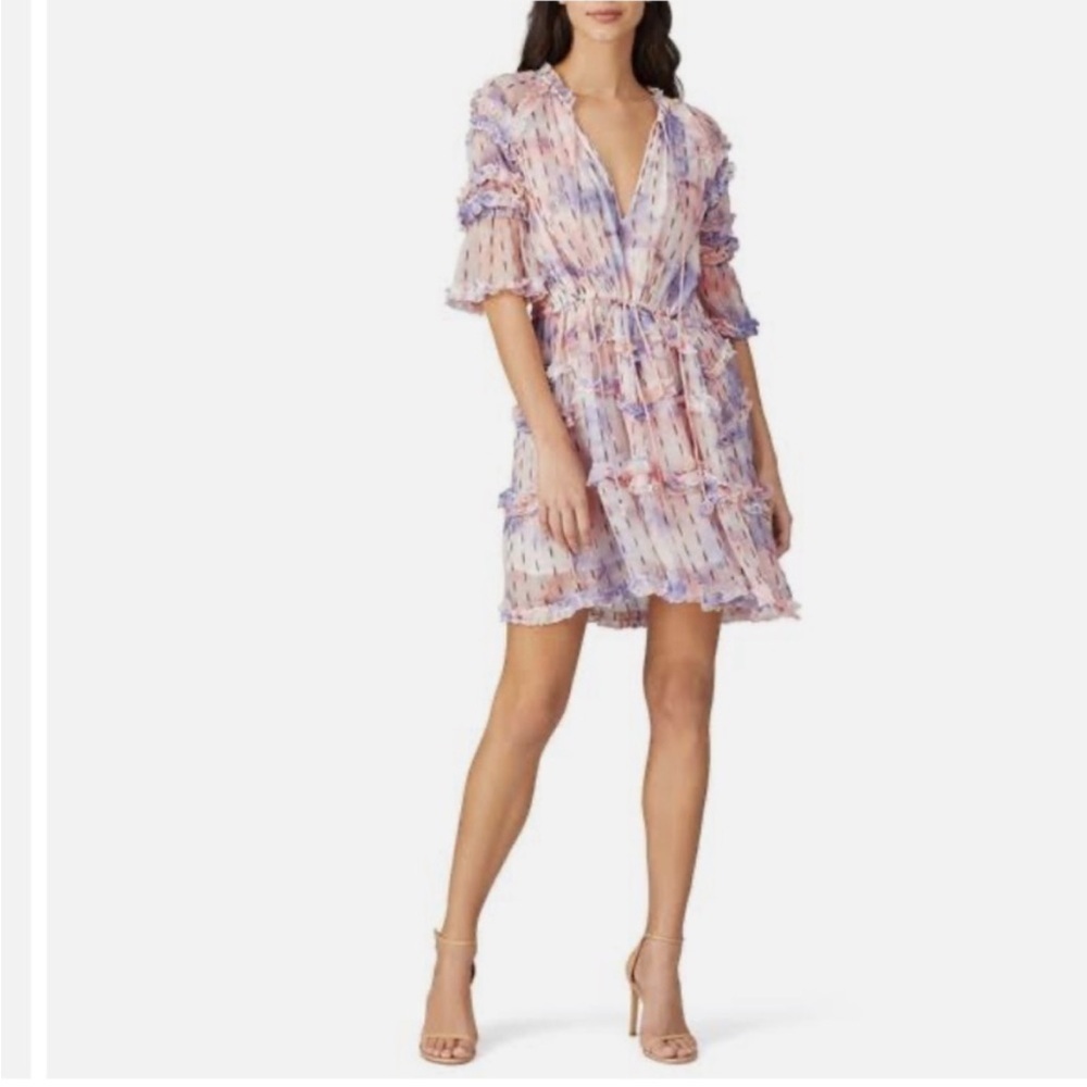 HEMANT & NANDITA Vivian Mini Dress M Lavender/Gold Floral Drawstring
